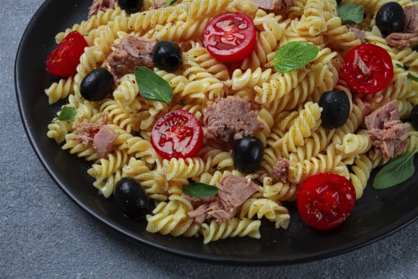 Tuna salad, fusilli pasta, olives and cherry, olive oil, homemade