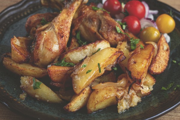 Fried chicken legs with potato slices, on a plate, baked in the oven, with spices, homemade, no people