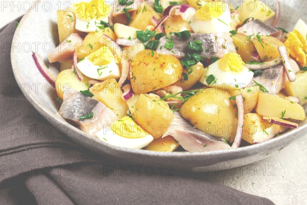 Potato salad with herring and eggs, Scandinavian cuisine, homemade, no people