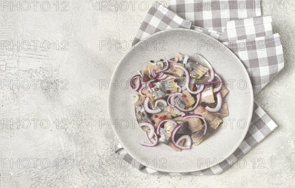 Salted herring, with spices and red onion, sliced fillet, on a plate, top view