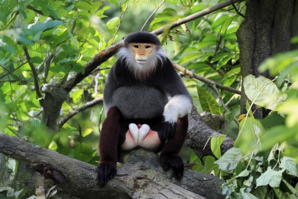 Red-shanked monkey (Pygathrix nemaeus), adult, male, in tree, sitting, relaxed, Southeast Asia
