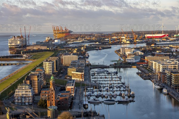 Overview of Bremerhaven's New Port and overseas port with container terminal, Disney Adventure cruise ship at Bremerhaven Cruise Port, Bremen, Germany