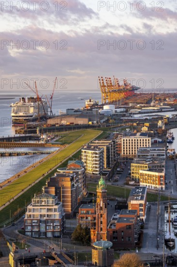 Overview of Bremerhaven's New Port and overseas port with container terminal, Disney Adventure cruise ship at Bremerhaven Cruise Port, Bremen, Germany