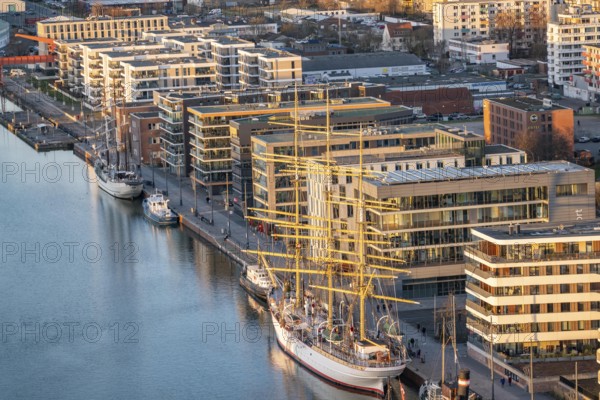 Overview of New Harbour residential buildings, sailing school ship Germany, Bremerhaven, Bremen, Germany
