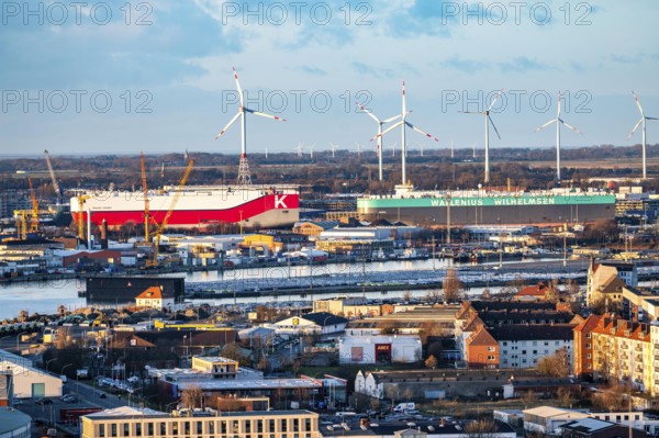 Overview of the overseas port with BLG Auto Terminal in Bremerhaven, Bremen, car transporter Aniara from shipping company Wallenius Wilhemsen, and Niagara Highway from shipping company K-Line, Germany
