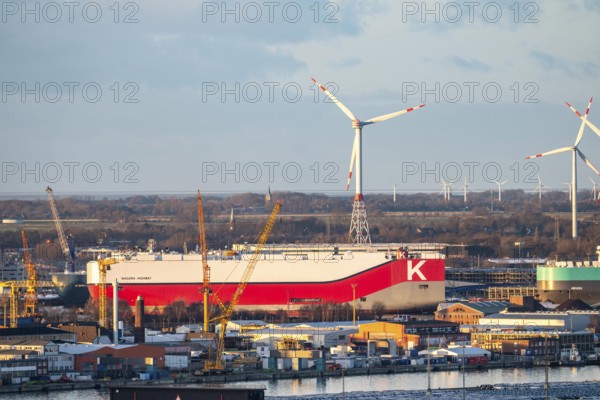 Overview of the overseas port with BLG Auto Terminal in Bremerhaven, Bremen, Niagara Highway car transporter operated by the K-Line shipping company, Germany