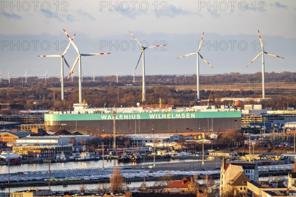 Overview of the overseas port with BLG Auto Terminal in Bremerhaven, Bremen, Aniara car transporter operated by the shipping company Wallenius Wilhemsen, Germany