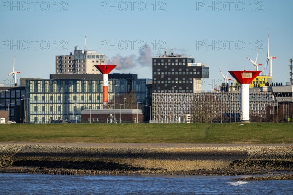 Skyline of Bremerhaven, seen across the Weser, building of the Alfred Wegener Institute, Helmholtz Centre for Polar and Marine Research (AWI), front light and rear light double lock, navigation mark, Bremen, Germany