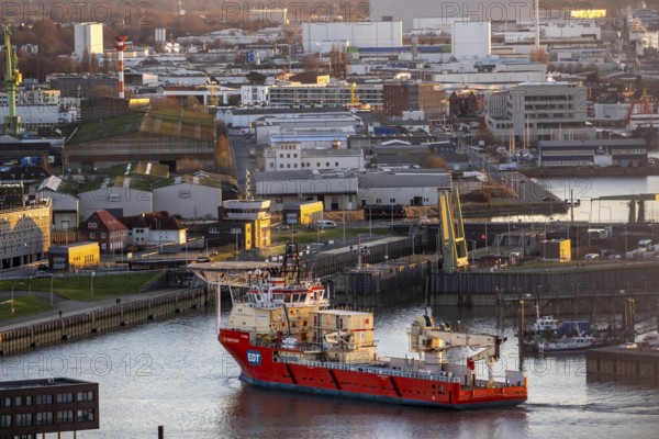 Offshore workship EDT Prometheus arrives at the Weser estuary, at the fishing port, Bremerhaven, Germany
