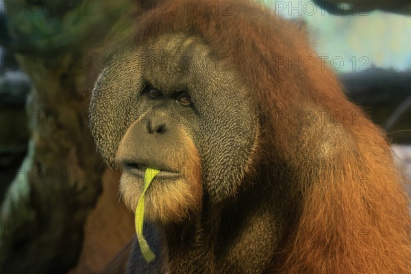Borneo Orang Utan (Pan Paniscus), adult, male, portrait, feeding, endangered species, Borneo, Malaysia, Asia, Singapore, captive