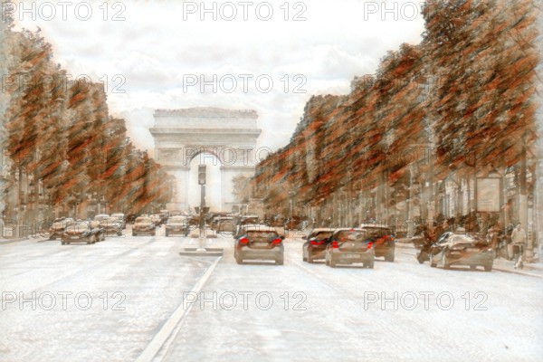 Distorted in color, Arc de Triomphe with the Champs Élysées, Paris, France