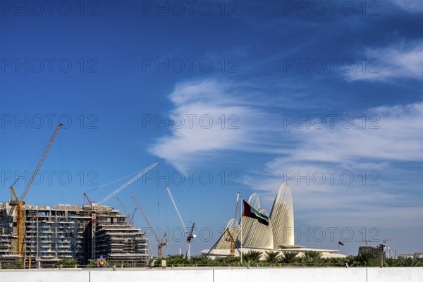 View of a construction site and roof of the Zayed National Museum, Saadiyat Island, Abu Dhabi, United Arab Emirates