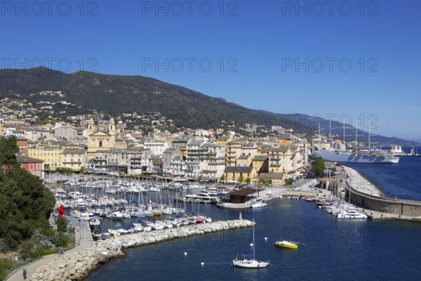 View from the citadel of the old port with marina and church of Saint Jean-Baptiste à Bastia or church of St. John the Baptist, Port de Plaisance or Vieux Port, old town, Bastia, Haute-Corse department, Corsica, France
