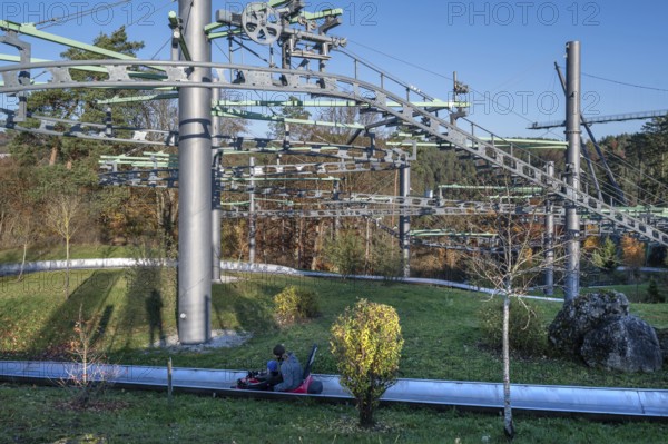 Ski lift for the summer toboggan run in Erlebnisfelsen Pottenstein, Pottenstein, Upper Franconia, Bavaria, Germany