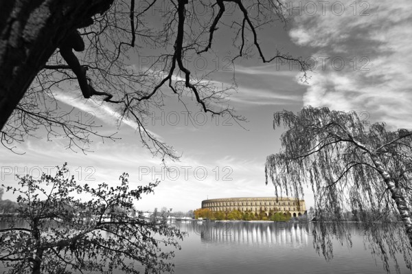 General view of the former incomplete Congress Hall of the NS period, in front the Dutzenteich, Documentation Center, Reichsparteitagsgelände, Bayernstraße 110, Nuremberg, Middle Franconia, Bavaria, Germany