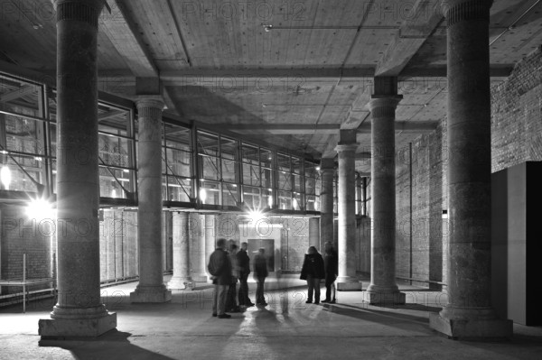 Kleine Säulenhalle, the unfinished NS Congress Hall, with integrated new documentation center building, black and white, Bayernstraße 110, Nuremberg, Middle Franconia, Bavaria, Germany