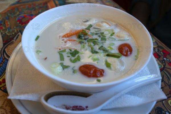 Vegetable soup with shrimp and coconut milk in a Thai restaurant, Franconia, Bavaria, Germany