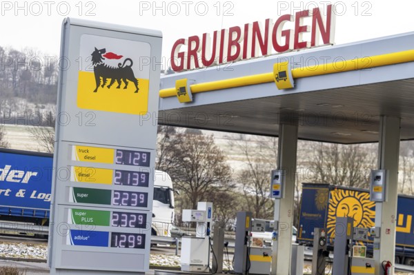 Fill up at Agip on the motorway. High prices on the A8 motorway near Gruibingen, Baden-Württemberg, Germany