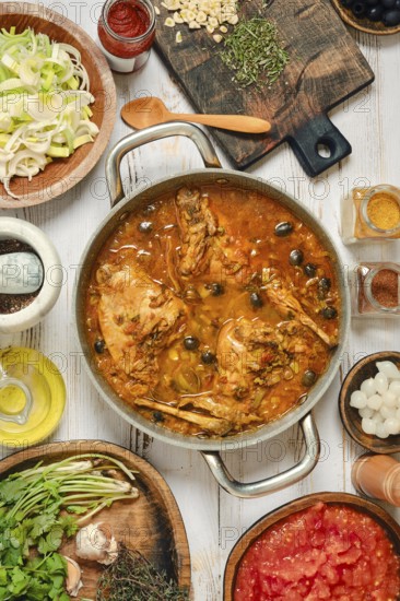 A large pot holds a simmering stew made with rabbit meat, vegetables, and a variety of spices. Surrounding the pot are bowls of ingredients like herbs, chopped tomatoes, and onions ready for use