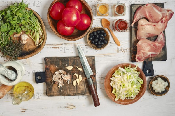 Fresh tomatoes, herbs, and spices are laid out on wooden boards in a kitchen. A knife and cutting board sit nearby, along with garlic, rabbit, and other food items ready for cooking