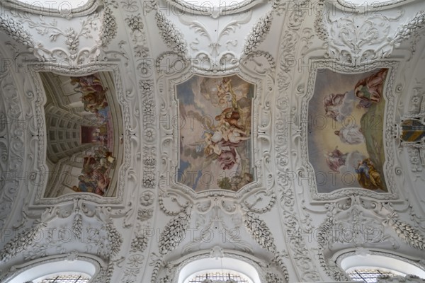 Vaulted ceiling with frescoes, baroque, parish church of St. Quirinus, former monastery church, village of Tegernsee, Upper Bavaria, Germany