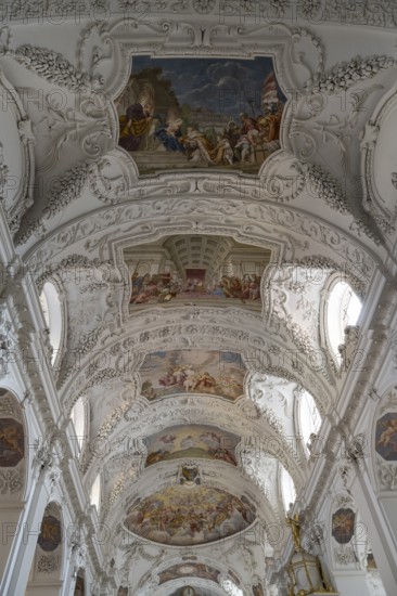 Vaulted ceiling with frescoes, baroque, parish church of St. Quirinus, former monastery church, village of Tegernsee, Upper Bavaria, Germany