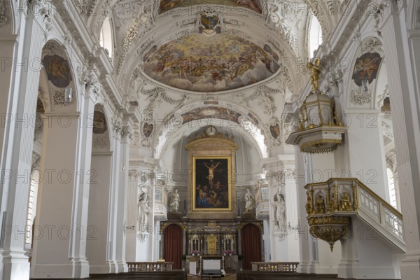 Altar and vaulted ceiling with frescoes, baroque, parish church of St. Quirinus, former monastery church, Tegernsee, Upper Bavaria, Germany