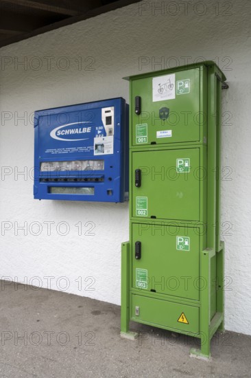 Vending machine with bicycle tubes, e-bike charging station, Gmund, Upper Bavaria, Bavaria, Germany