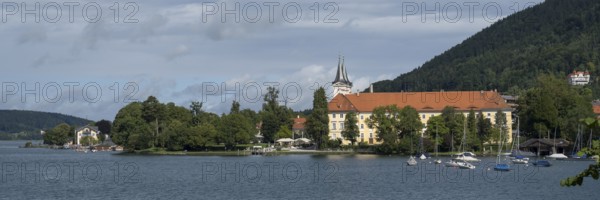 Parish Church of St. Quirinus, Tegernsee Abbey, Castle with Braustüberl, view from Seeufer Point, village Tegernsee, Upper Bavaria, Bavaria, Germany