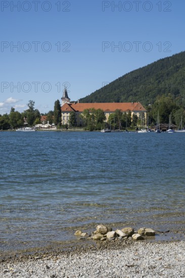 Parish Church of St. Quirinus, Tegernsee Abbey, Castle with Braustüberl, view from Seeufer Point, village Tegernsee, Upper Bavaria, Bavaria, Germany