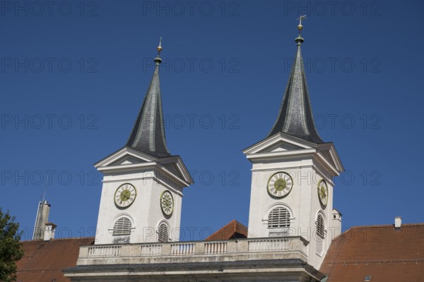 Towers of St. Quirinus Parish Church, Tegernsee Abbey, Castle with Braustüberl, Tegernsee, Upper Bavaria, Bavaria, Germany