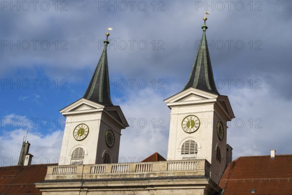 Towers of St. Quirinus Parish Church, Tegernsee Abbey, Castle with Braustüberl, Dramatic Clouds, Town of Tegernsee, Upper Bavaria, Bavaria, Germany