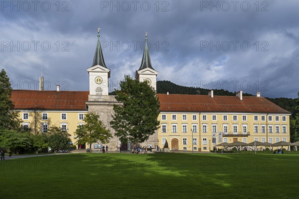 Parish Church of St. Quirinus, Tegernsee Abbey, Castle with Braustüberl, Dramatic Clouds, Town of Tegernsee, Upper Bavaria, Bavaria, Germany
