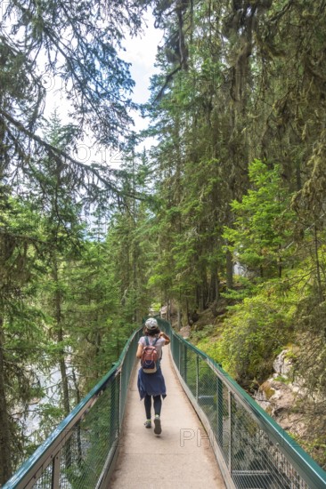 Female tourist walking on johnston canyon boardwalk enjoying breathtaking views of the bow river and lush forest in banff national park, alberta, canada, during summer vacation