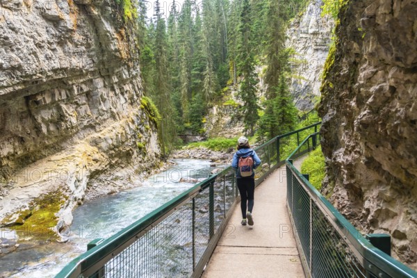 Female tourist walking on a metal footbridge enjoying the scenic view of the johnston canyon and the bow river in banff national park, canadian rockies, alberta, canada