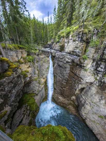 Scenic view of johnston canyon in banff national park, featuring a stunning waterfall cascading into a vibrant turquoise pool, surrounded by lush green moss and coniferous forest