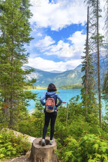 Female hiker standing on a tree stump, admiring the breathtaking view of emerald lake and surrounding mountains in banff national park on a sunny summer day