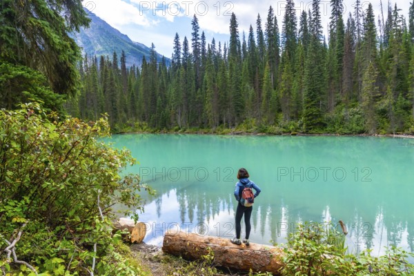 Hiker standing on a log, admiring the stunning turquoise waters of emerald lake, surrounded by lush forests and the majestic peaks of the canadian rockies