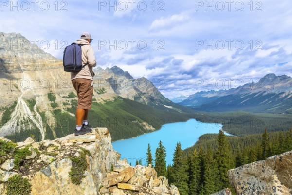 Hiker standing on a cliff edge, soaking in the breathtaking panoramic views of turquoise peyto lake, surrounded by majestic mountains and lush pine forests in banff national park
