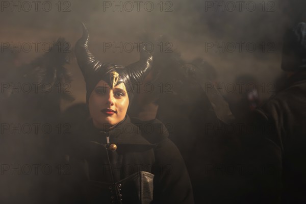 Teufelin, woman with horns and wings, fog, murmuring, winter, Waldburg Castle, Allgäu, Baden-Württemberg, Germany