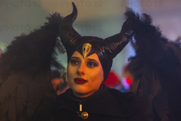 Teufelin, woman with horns and wings, Raunacht, winter, Waldburg Castle, Allgäu, Baden-Württemberg, Germany