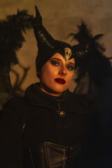 Teufelin, woman with horns, murmurs, winter, Waldburg Castle, Waldburg, Allgäu, Baden-Württemberg, Germany