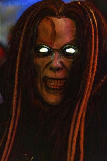 Krampus with glowing eyes, fog, murmurs, winter, Waldburg Castle, Allgäu, Baden-Württemberg, Germany