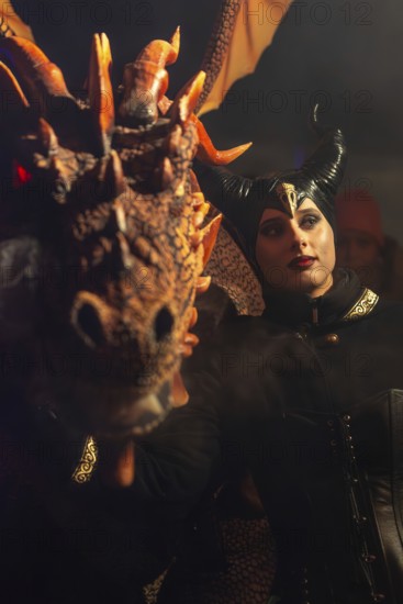 Teufelin, woman with horns with dragon, fog, murmurs, winter, Waldburg Castle, Allgäu, Baden-Württemberg, Germany