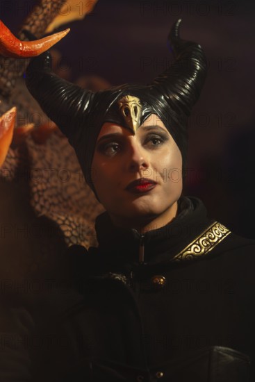 Female devil, woman with horns, portrait, fog, murmuring, winter, Waldburg Castle, Allgäu, Baden-Württemberg, Germany