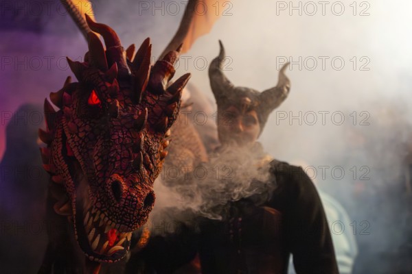 Teufelin, woman with horns with dragon, fog, murmurs, winter, Waldburg Castle, Allgäu, Baden-Württemberg, Germany