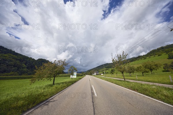 Landscape, landscape photography, hills, coniferous forest, trees, meadow, field, central perspective, sunlight, cloudy, stratocumulus clouds, nimbostratus clouds, road An der Niederbruck, Simonswald, Black Forest, Emmendingen district, Baden-Württemberg, Germany