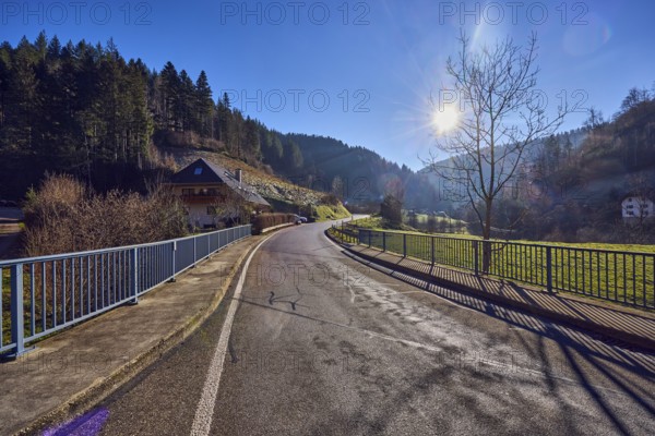 Landscape photography, landscape, hilly landscape, hill, car bridge and footbridge, metal railing, road, coniferous forest, trees, meadow, house, building, sun backlight, blue sky, cloudless, Gutenstraße road, Simonswald, Black Forest, Emmendingen district, Baden-Württemberg, Germany