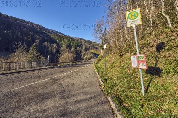 Bus stop Pfaffmühle, landscape photography, hills, hilly landscape, coniferous forest, trees, meadow, road, guardrail, metal railing, blue sky, cloudless, Gutenstraße, Simonswald, Black Forest, Emmendingen district, Baden-Württemberg, Germany