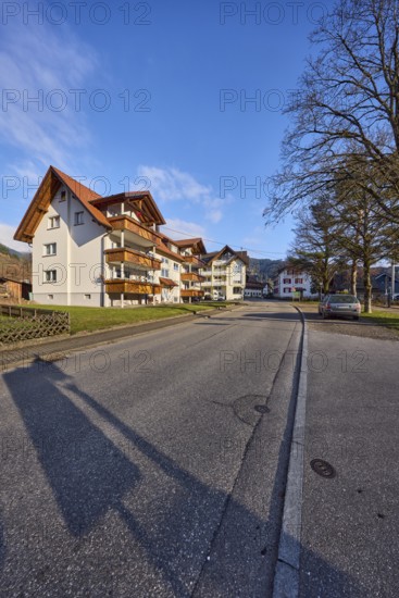 Houses, general architecture, residential buildings, apartment buildings, street, sidewalk, trees, meadow, hill, coniferous forest, blue sky, cumulus clouds, intersection of valley road with sawmill, Simonswald, Black Forest, Emmendingen district, Baden-Württemberg, Germany